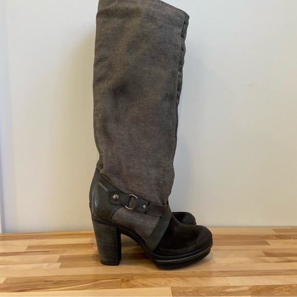 Western Diesel heeled platform boot distressed leather black grey denim harness - Picture 4 of 16